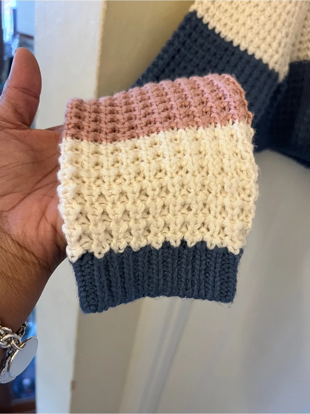 Aeropostale Cropped Colorblock Knit Sweater - Dusty Rose, Cream & Navy